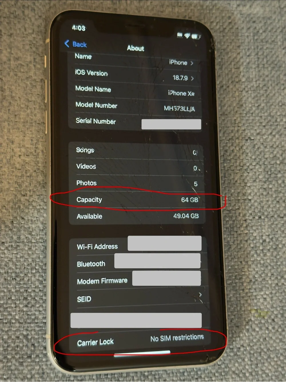 Unlocked Apple iPhone XR 64GB | 87% Battery | Face ID Works | Smashed Glass